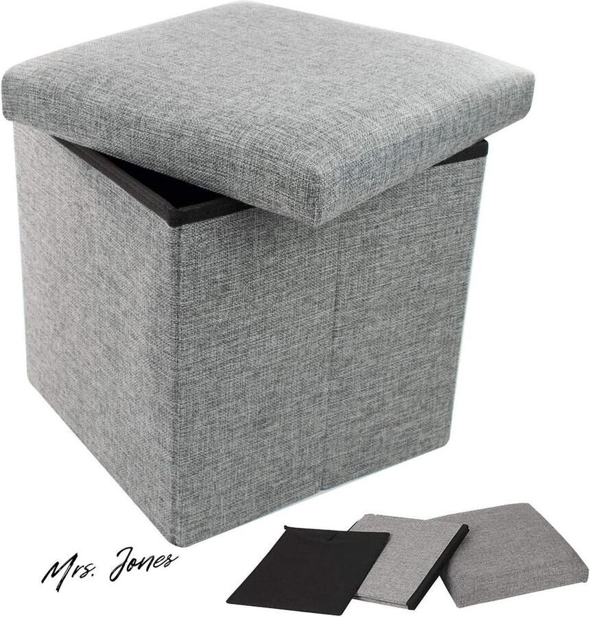 Mrs. Jones Premium Collection Voetenbank met opbergruimte Opvouwbaar Grijs Geheugenbox Kubusopbergruimte Poef