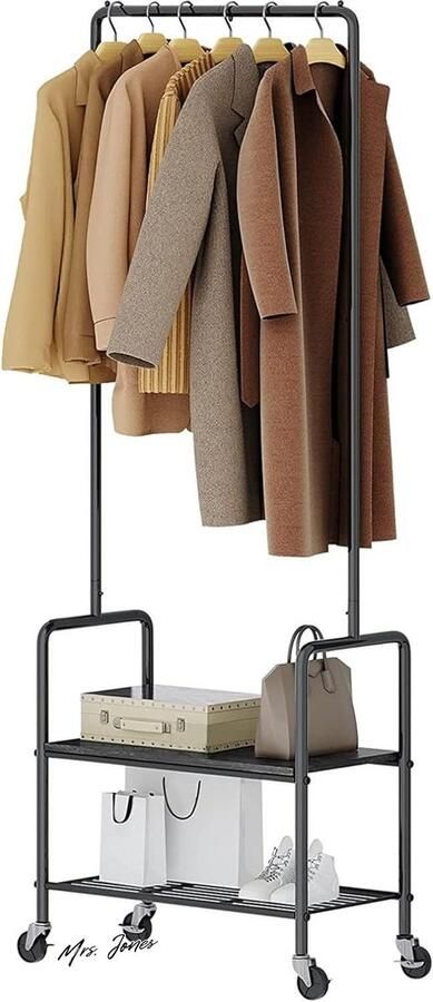 Mrs. Jones Collection Rollend kledingrek Ruimtebesparend op wielen Draagbare hangende opbergorganizer 2 planken Stevig metaal Zwart industriële stijl