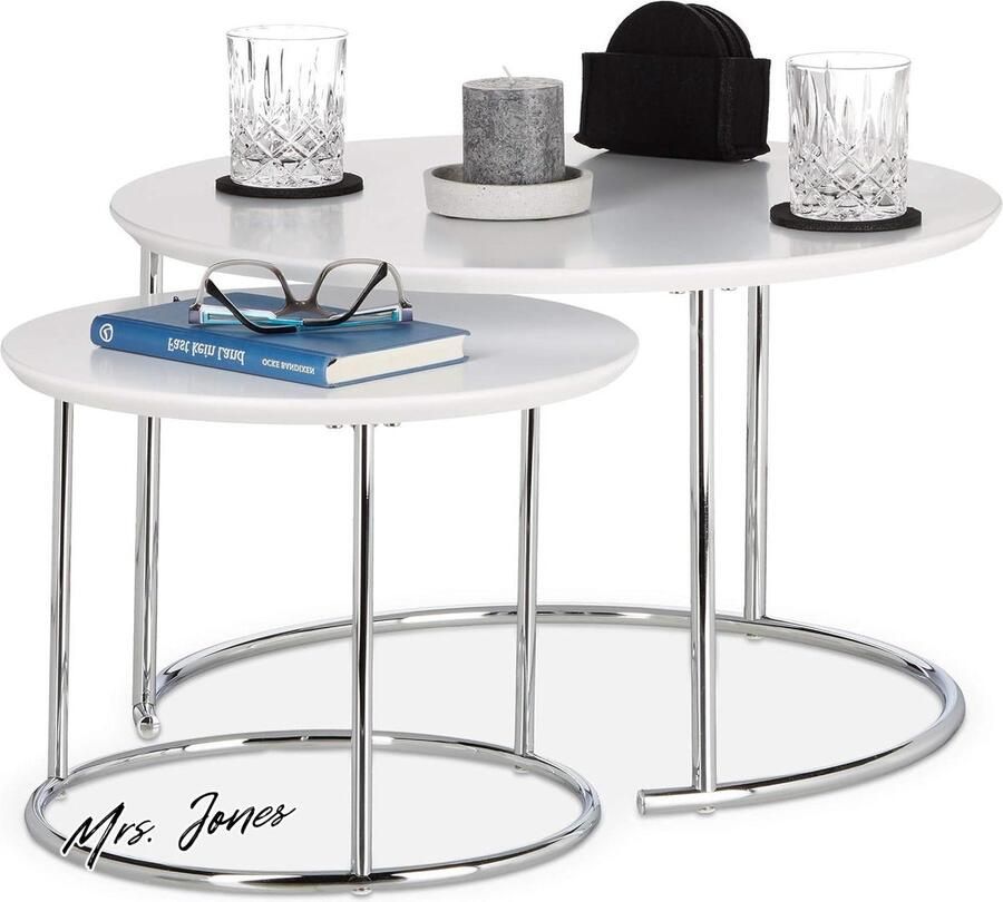 Mrs. Jones Collection Ronde bijzettafels set van 2 Klein Matte salontafel Nesttafels Hout en verchroomd metaal 60x60x35 cm Wit