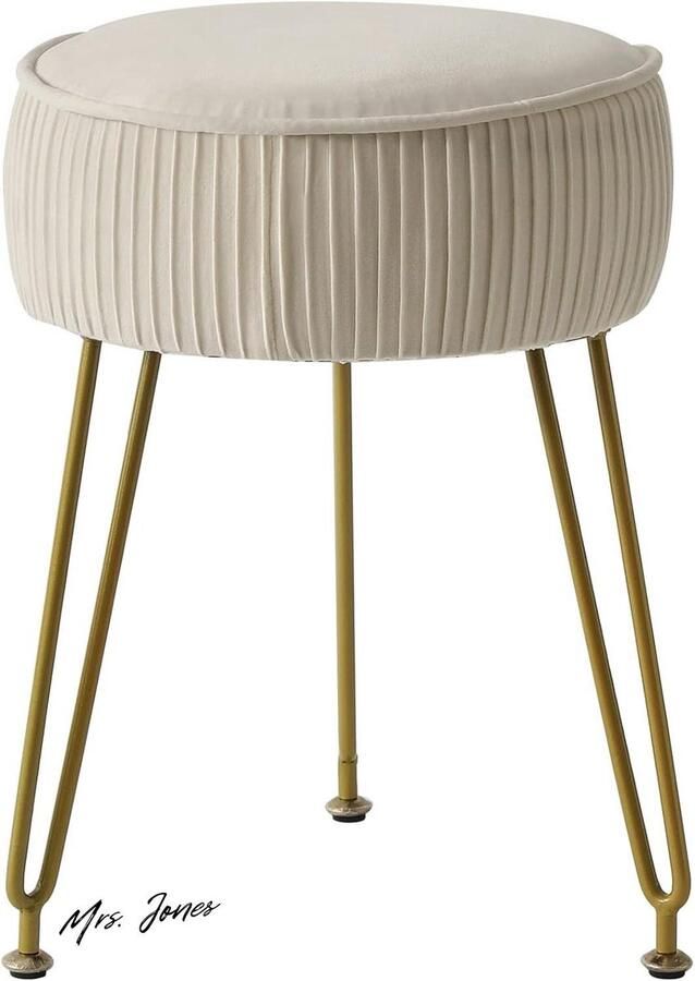 Mrs. Jones Collection Ronde fluwelen voetenbankje Make-up Goudkleurige stalen poten Crème-wit