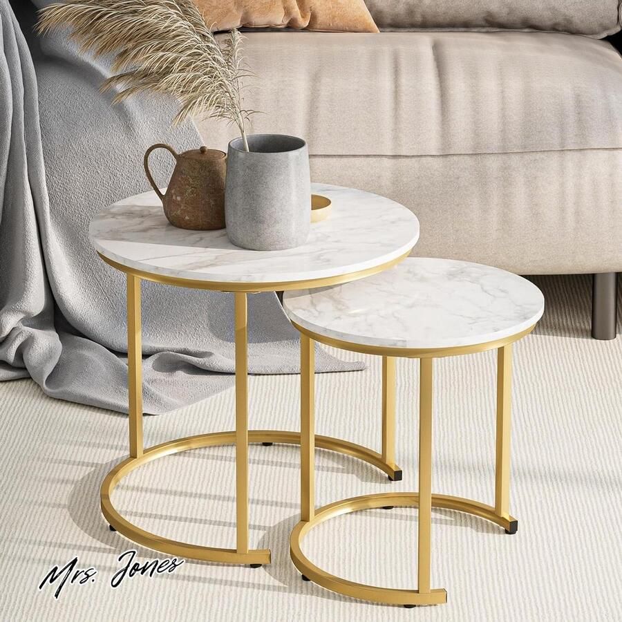 Mrs. Jones Collection Ronde Salontafel Set van 2 Goud metaal Bijzettafels Witte inkt goud