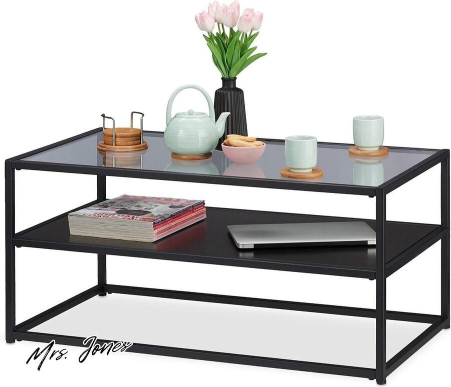 Mrs. Jones Premium Collection Salontafel Etage Modern Design HBD 42x90x50 cm Zwart met MDF Glas Metaal