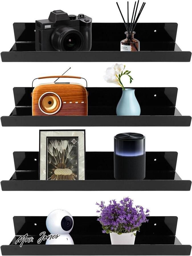 Mrs. Jones Collection Wandrek 4 stuks zwart zwevend boekenrek plank slaapkamer badkamer keuken woonkamer met kabelclips