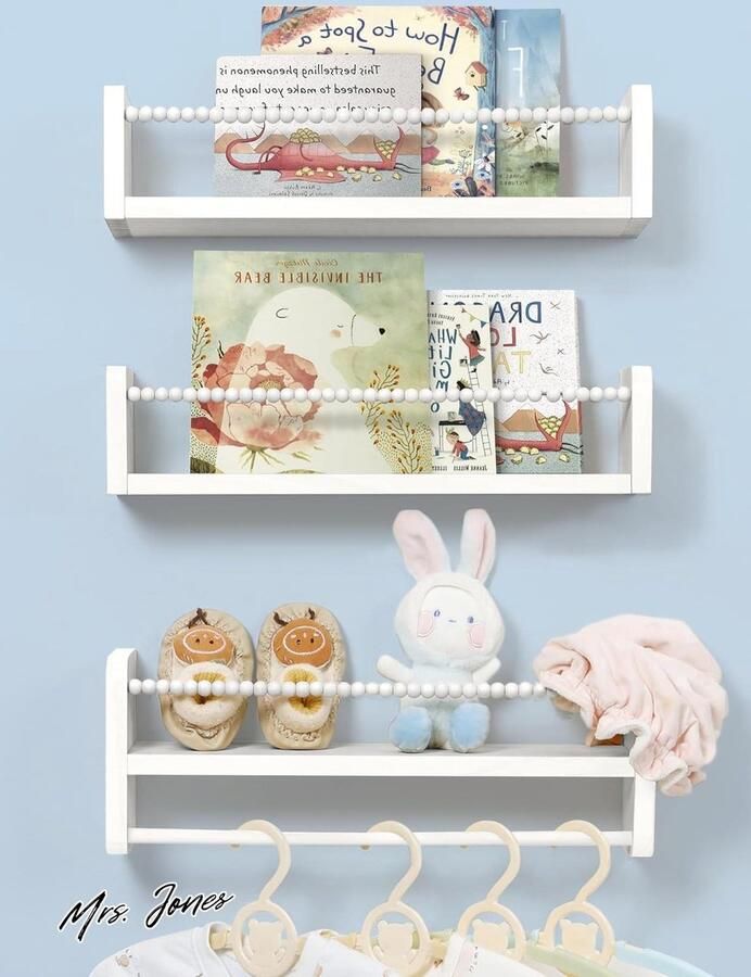 Mrs. Jones Collection Wandrek set van 3 Natuurlijk hout Wit Handdoekhouder Zwevend Kinderkamer Decoratief organizer