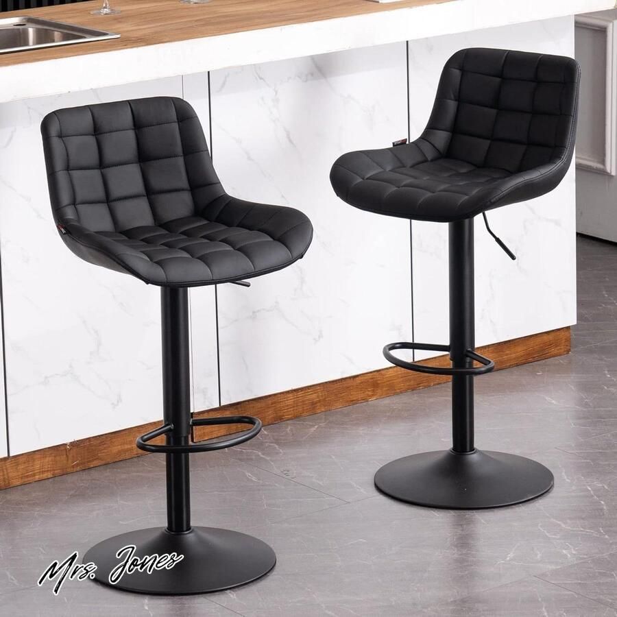 Mrs. Jones Comfort PU Lederen Ontbijt Barkruk Set van 2 met Ruggen Luxe Metalen Verstelbare Hoogte Bar Stoel voor Keuken Counter Island Vierkant Zwart