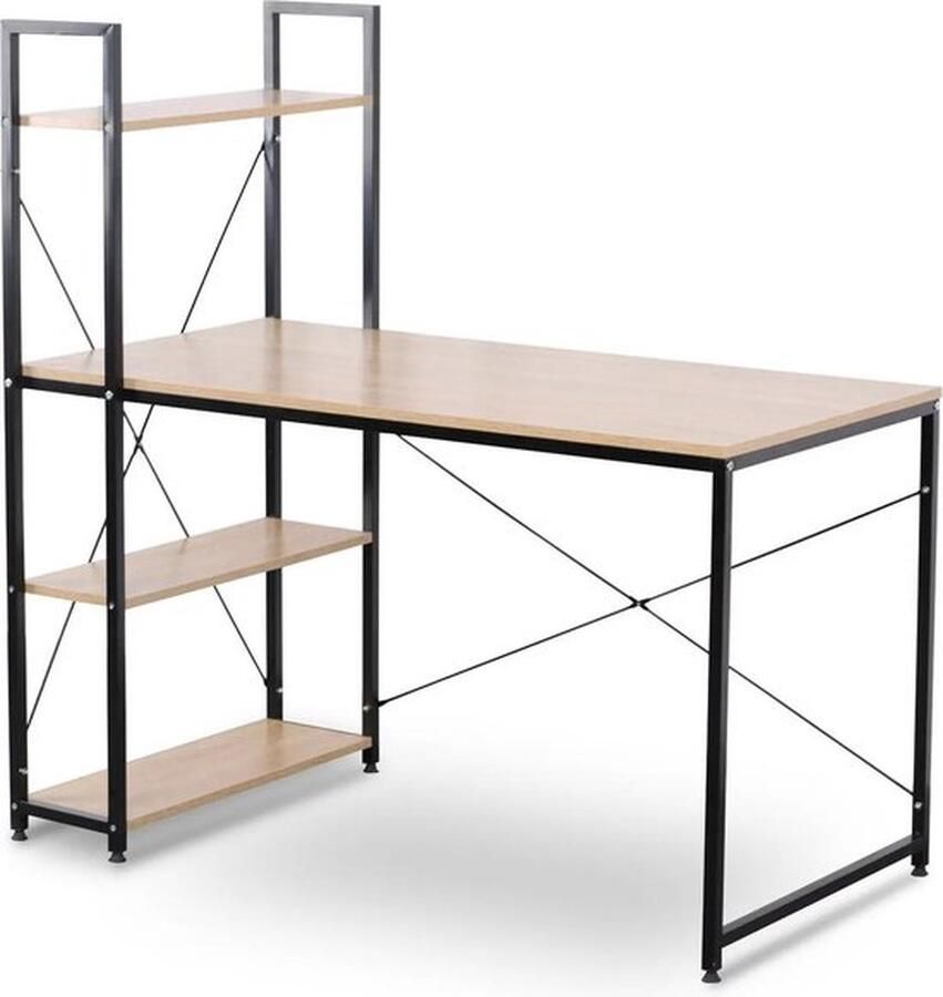 Mrs. Jones Compact Bureau met Opslag 120x64x120 cm Modern Ontwerp Houten Werkblad met 4 Planken Stabiel Metalen Frame Ideaal voor Kantoor Studie of Gaming Licht Eiken Zwart
