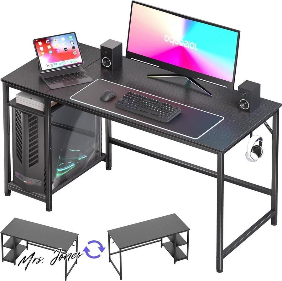 Mrs. Jones Computer Bureau met 2 Planken PC Gaming Bureau voor Student en Werknemer Studie Tafel voor Schrijven Houten Bureau voor Slaapkamer Kantoor 140x60cm Zwart met Lade