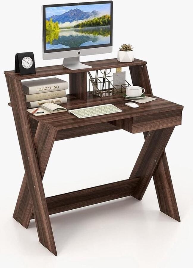 Mrs. Jones Computertafel met lade bureau met monitorverhoging werktafel X-vormig van hout voor kleine ruimtes thuis en op kantoor 90 x 61 x 94 cm (walnoot)