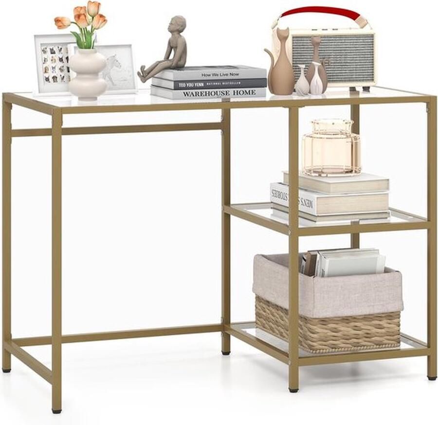 Mrs. Jones Consoletafel bijzettafel van gehard glas met 2 open planken en metalen frame gangtafel sofatafel voor hal woonkamer slaapkamer kantoor goud