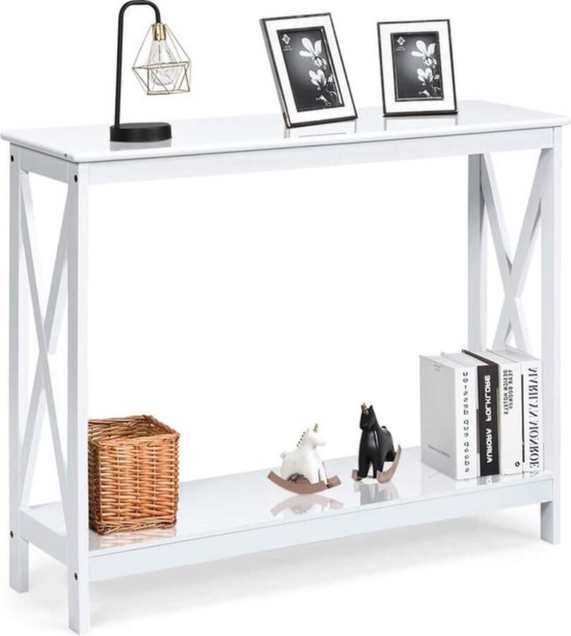 Mrs. Jones Consoletafel met 2 etages smalle gangtafel gelakte bijzettafel van hout stabiel met zijdelingse X-vormige steunstang in landelijke stijl voor hal gang woonkamer (wit)