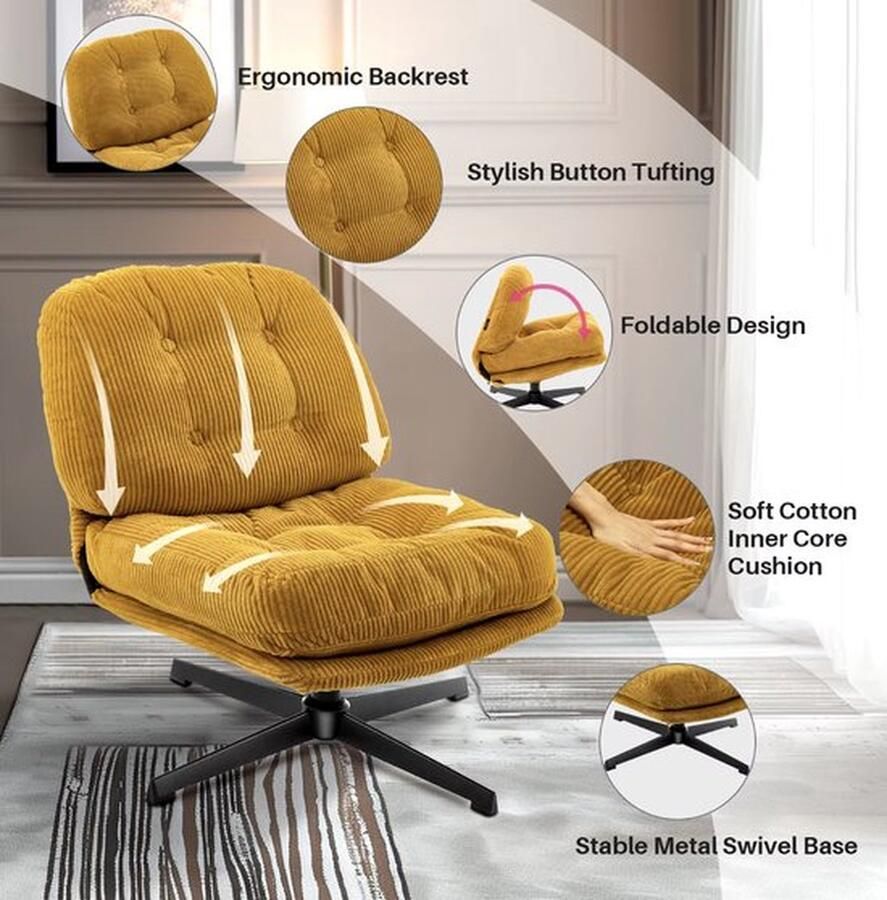 Mrs. Jones Corduroy loungestoel Stoel Relax stoel Draaibare stoel Dikke kussens Met hocker Geel