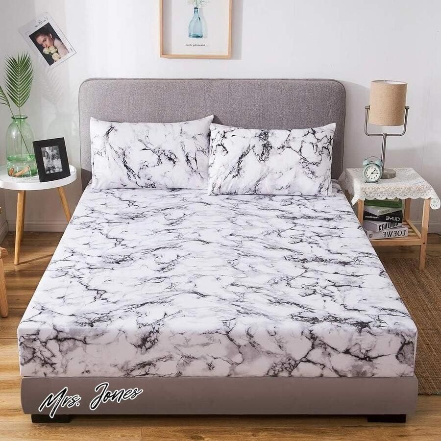 Mrs. Jones Damier Hoeslaken 180 x 200 cm grijs wit marmerpatroon zachte microvezel geschikt voor matrassen van 30 cm