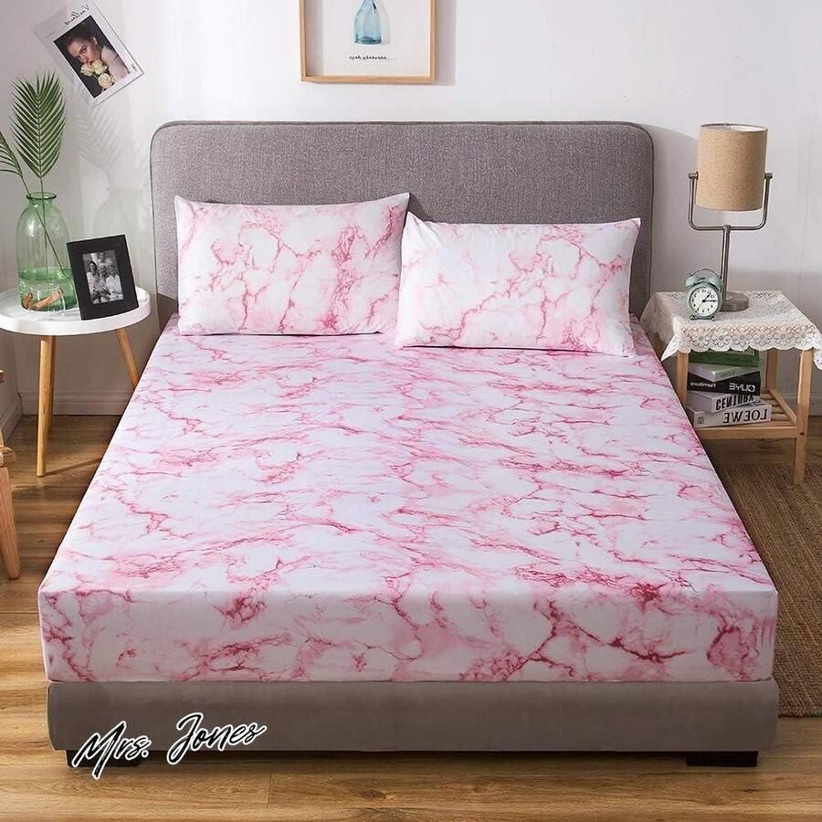 Mrs. Jones Damier Hoeslaken 180 x 200 cm roze wit marmerpatroon zachte microvezel geschikt voor matrassen van 30 cm