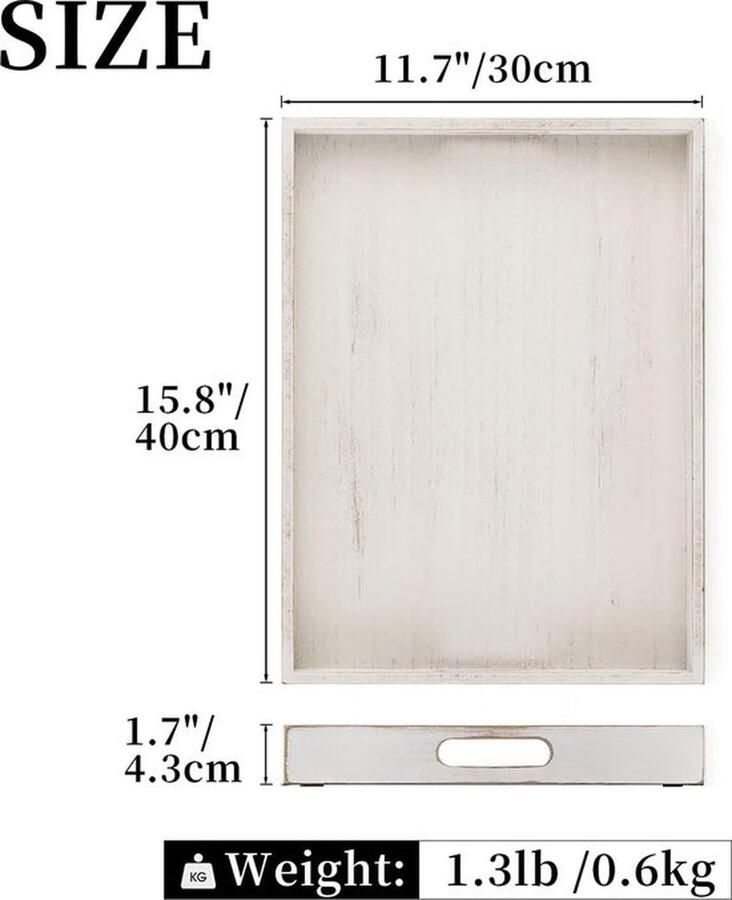 Mrs. Jones Decoratief dienblad houten dienblad: witgekalkte decoratieve borden houten dienbladen rechthoekige vintage houten borden met handvat witte dienbladen voor kaarsen theelichtje salontafel keukendecoratie