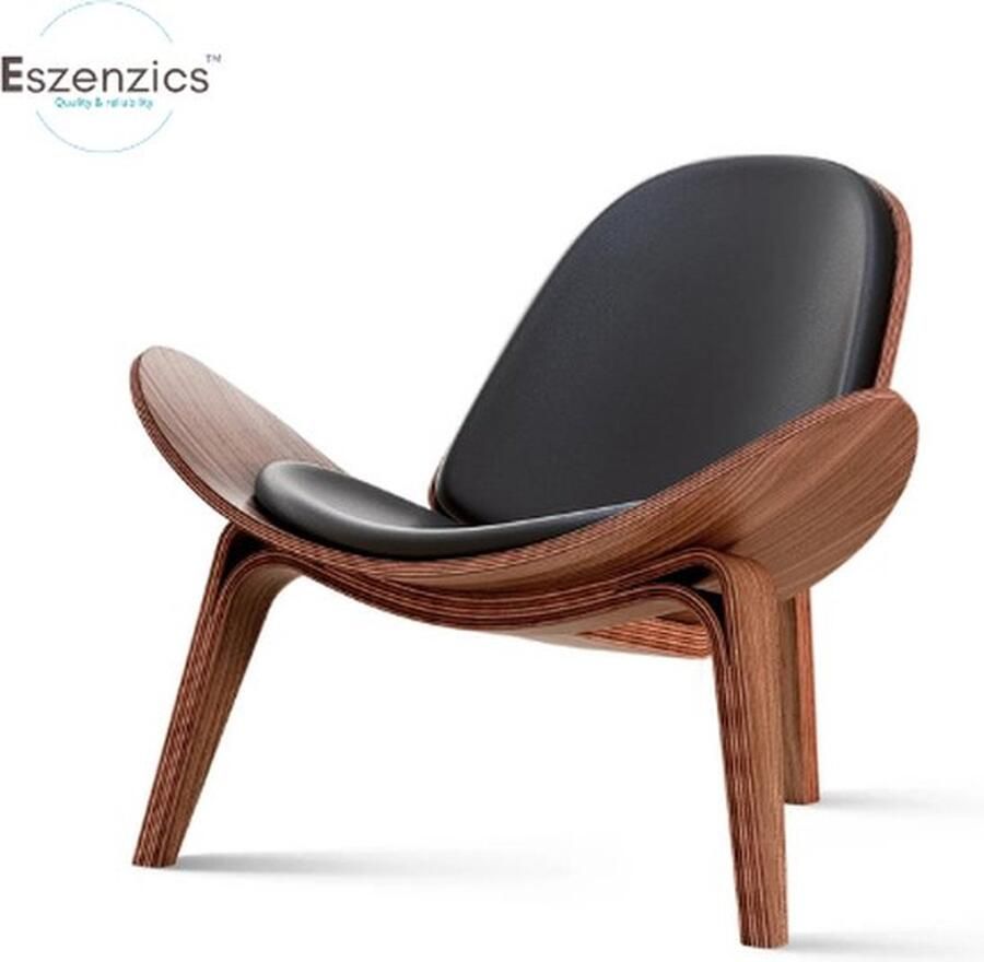 Mrs. Jones ™ Design schelpstoel Nordic Zitstoel Walnoot Moderne Fauteuil Leren bekleding Comfortabel en Stevig 92cm breed