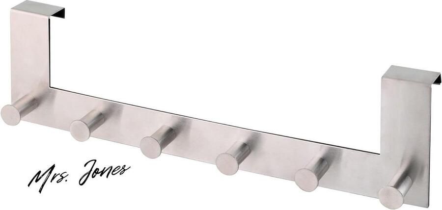 Mrs. Jones Deurgarderobe met 6 haken kledinghaken voor de deur zonder boren deurhaken voor keuken badkamer woonkamer en hal roestvrij staal 8 x 39 x 11 cm
