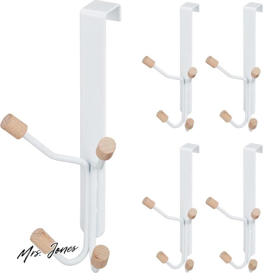 Mrs. Jones Deurhaken Set van 5 Scandinavisch Viervoudige Haken Kapstok Ijzer & Hout HxBxD 19 x 9 x 8 cm Wit Naturel