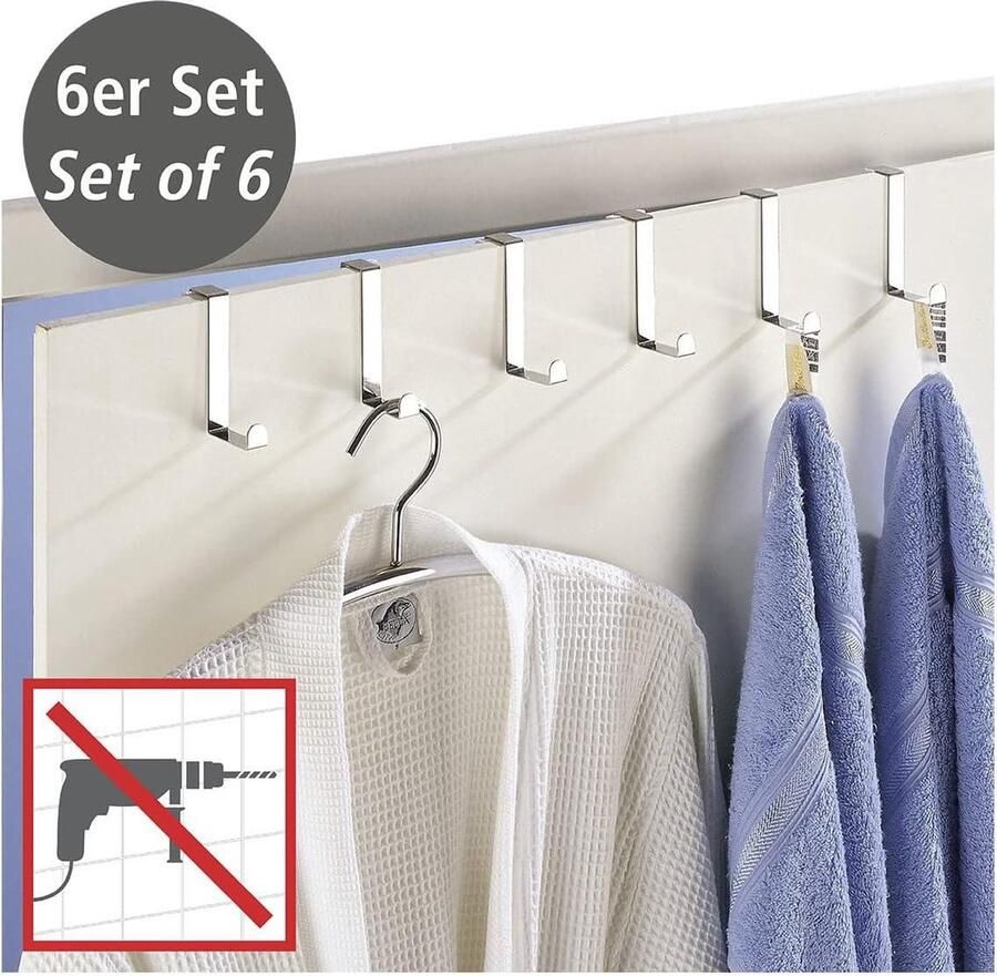 Deurhaken Set van 6 Garderobehaken Roestvrij Staal Voor Badkamer Keuken 76 x 12 x 6 cm Glanzend Zilver deurkapstok opdekdeur