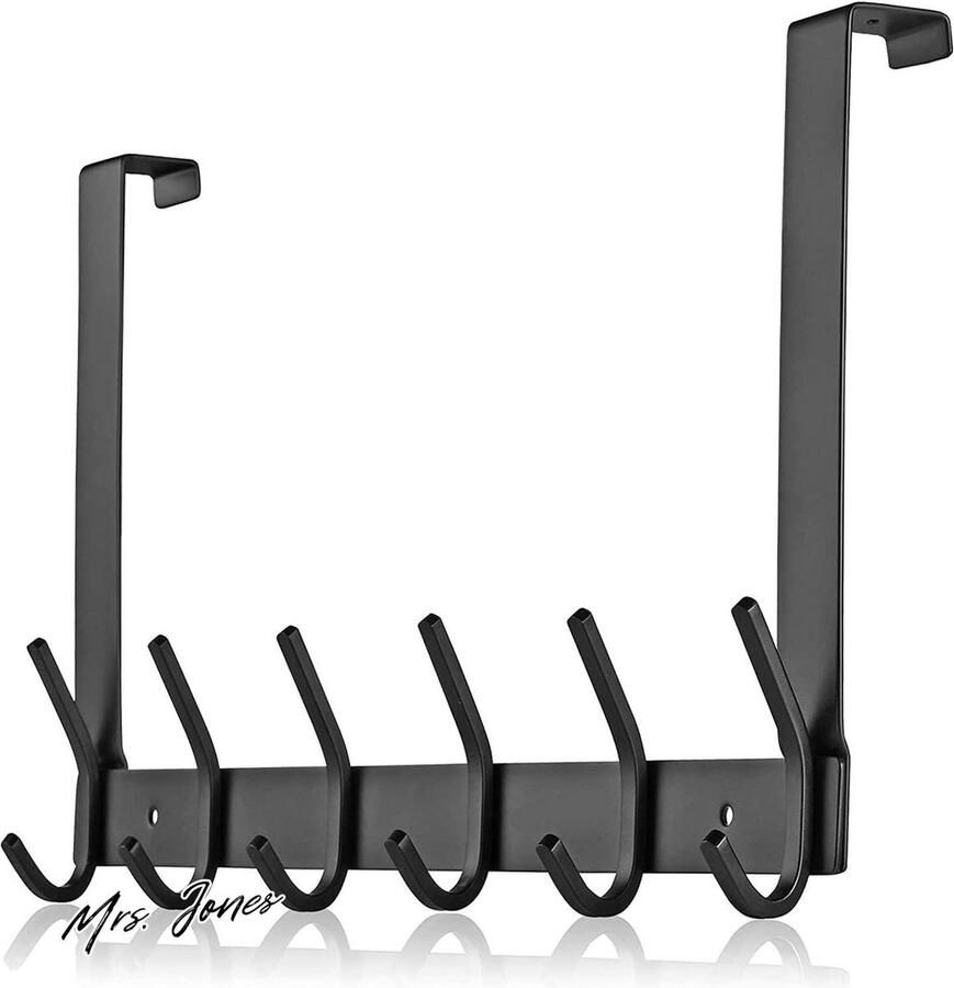 Mrs. Jones Deurkapstok om op te hangen roestvrij staal zonder boren kledinghaken voor Duitse deuren deurhakenlijst met 6 haken voor keuken badkamer zwart 45 cm