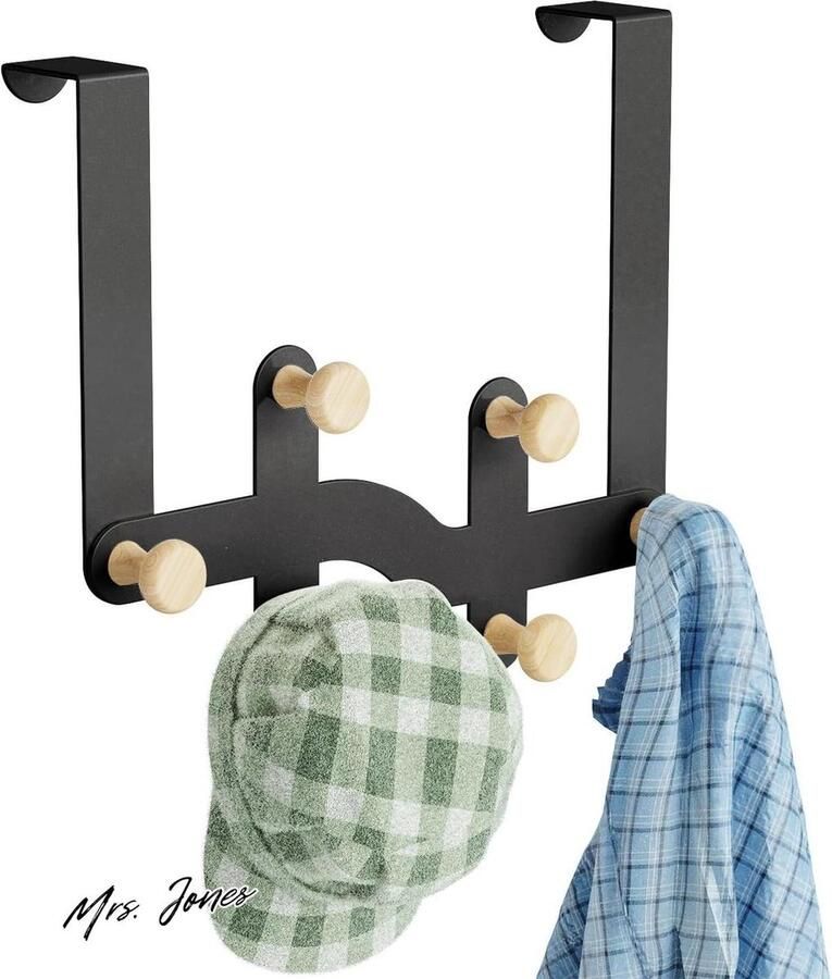 Mrs. Jones Deurkapstok Yumyolk deurhanger zwart deurhaak kapstok deur zonder boren deurhaak met 6 haken