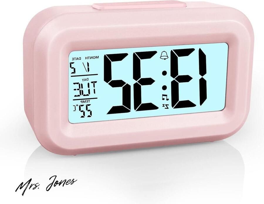 Mrs. Jones Digitale wekker voor nachtkastje led-displayklokken met instelbare sluimerfunctie 12 24 uur temperatuur datum timer lichtregeling draagbare wekkers voor slaapkamer thuiskantoor keuken