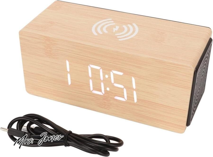 Mrs. Jones Digitale Houten Wekker LED Slimme Bluetooth-luidspreker Naast Het Bed 15 W Draadloze Oplaadfunctie Elektrische Wekker Wekwekker