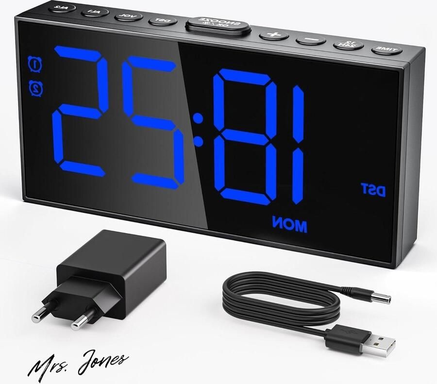 Mrs. Jones Digitale klok elektronische wekker nachtkastje instelling zomertijd twee wektijden 12 24 uur oplaadbare wekker 5 helderheidsniveaus en volume regelbaar zwart blauw licht