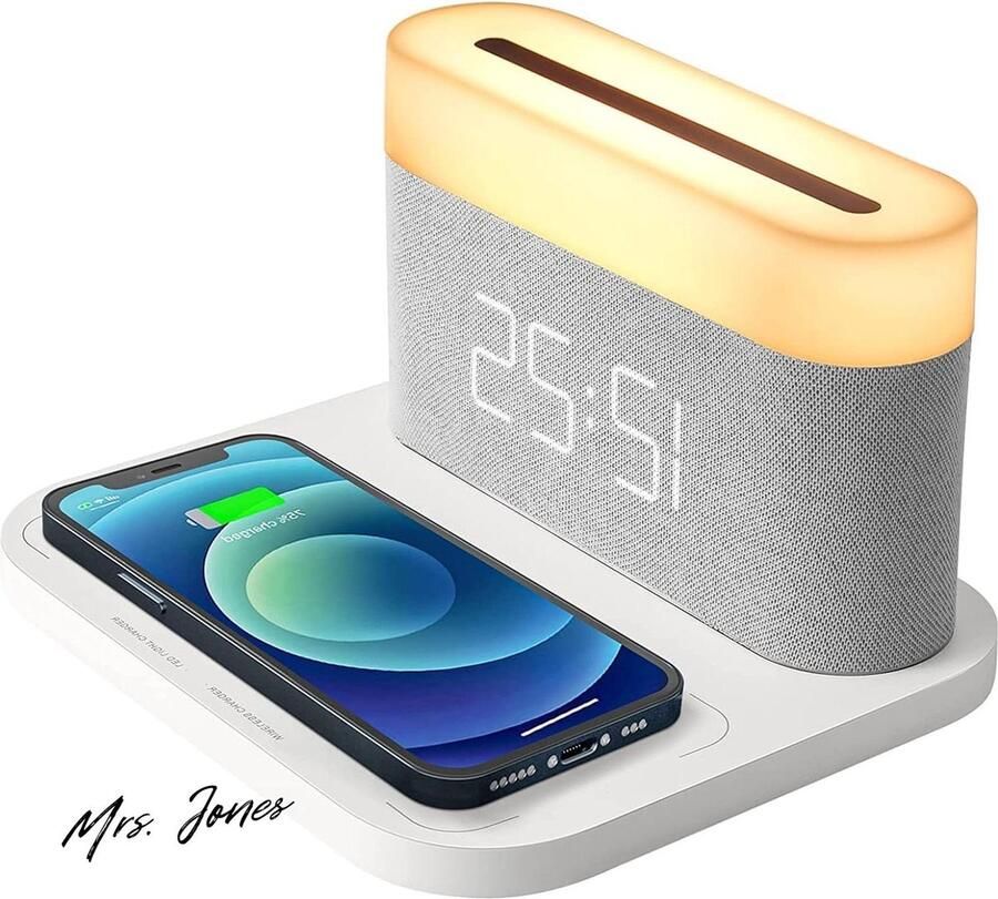 Mrs. Jones Digitale wekker draadloze oplader 15 W bedlampje met 3 helderheidsniveaus instelbare helderheid 12 24 uur kinderen jongeren thuis Bureau