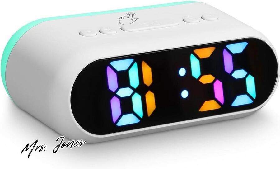 Mrs. Jones Digitale wekker RGB gekleurde digitale wekker met dubbel alarm snooze kleurrijk nachtlampje dimbaar 7 wekgeluiden voor kinderen meisjes jongens voor nachtkastje