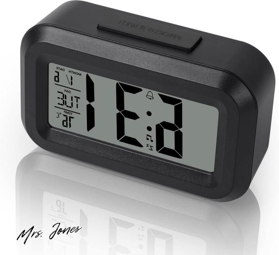 Mrs. Jones Digitale wekker voor nachtkastje met led-display en instelbare sluimerfunctie 12 24 uur temperatuur datum timer lichtregeling draagbare wekkers voor slaapkamer thuiskantoor keuken