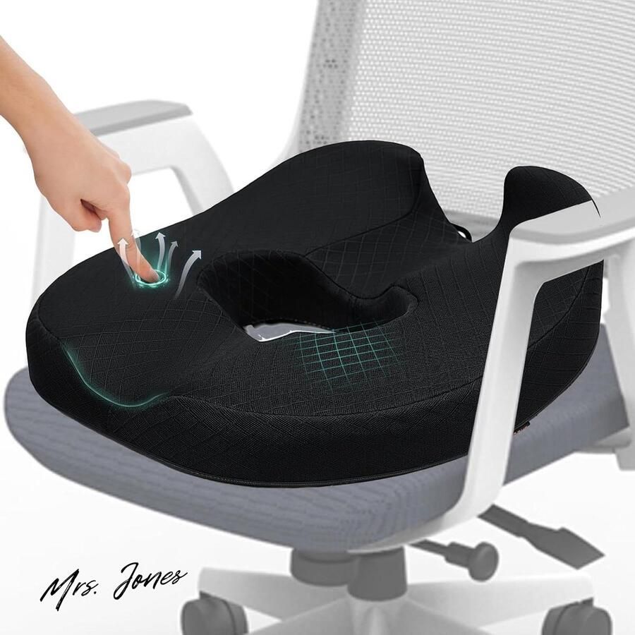 Mrs. Jones Donut Kussen Stoel Zitkussen voor Stuitbeen Pijnbestrijding Memory Foam Firm Coccyx Pad Donut Kussen voor Lang Zitten Zwart 18.5 * 17.5 * 5.5in