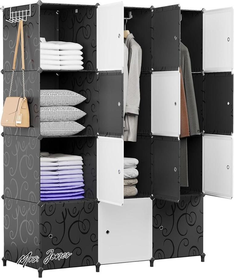 Mrs. Jones Draagbare Garderobekast voor Hangkasten met Deuren Draagbaar Reksysteem Opbergrek voor Kleding Schoenen Speelgoed Boeken Slaapkamers 12 Kubussen Zwart Wit