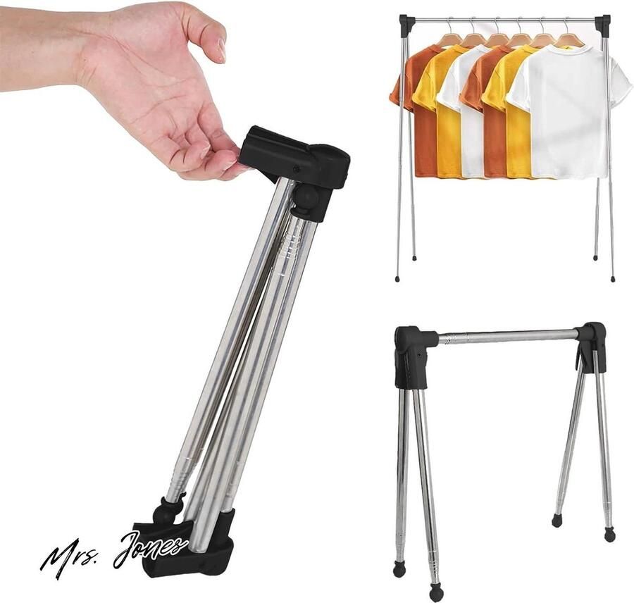 Mrs. Jones Draagbare kledingstandaard inklapbaar uittrekbaar kledingstang intrekbaar reiskledingstandaard stabiel kledingstandaard klein licht wasrek voor camping wasrek thuis zwart Hengrongshen inklapbaar uittrekbaar