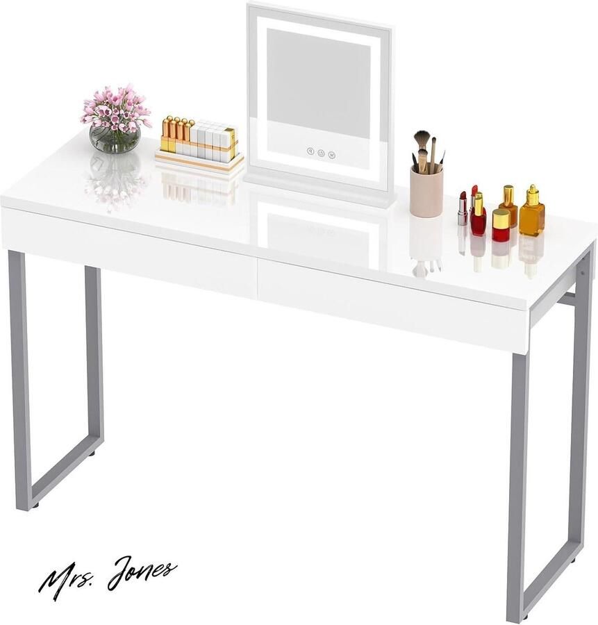 Mrs. Jones Dressing Desk 2 Ladens Glanzend Wit 100 x 40 cm Moderne Home Office Computer Desk Make-up Vanity Console Tafel Metalen Zilveren Benen Kleine Ruimten Slaapkamer Meubels