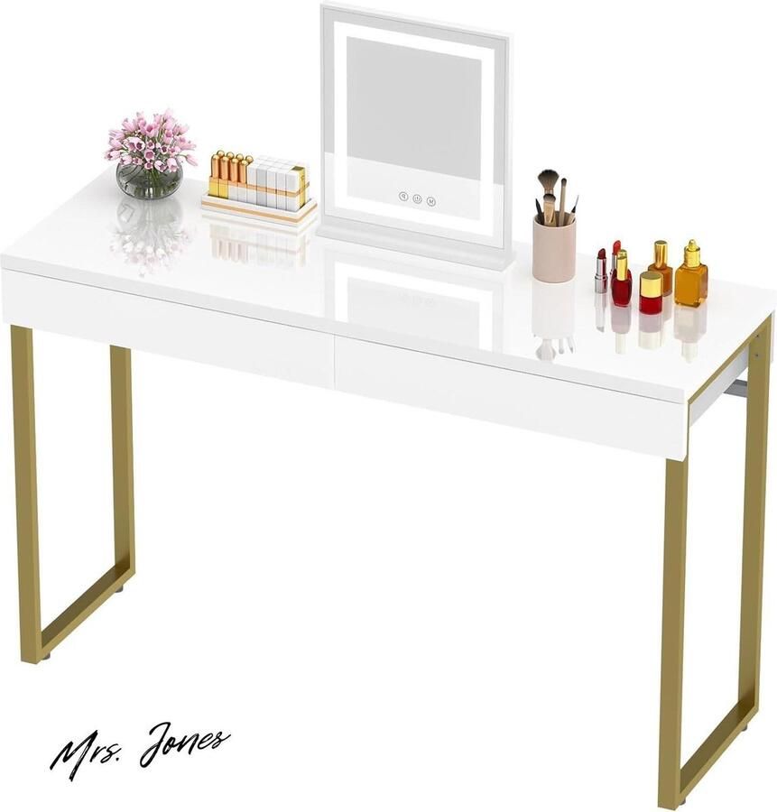 Mrs. Jones Dressing Desk met 2 Ladens Glanzend Wit 100 x 40 cm Moderne Home Office Computer Desk Make-up Vanity Console Tafel met Metalen Gouden Benen voor Kleine Ruimten Slaapkamer Meubels Goud