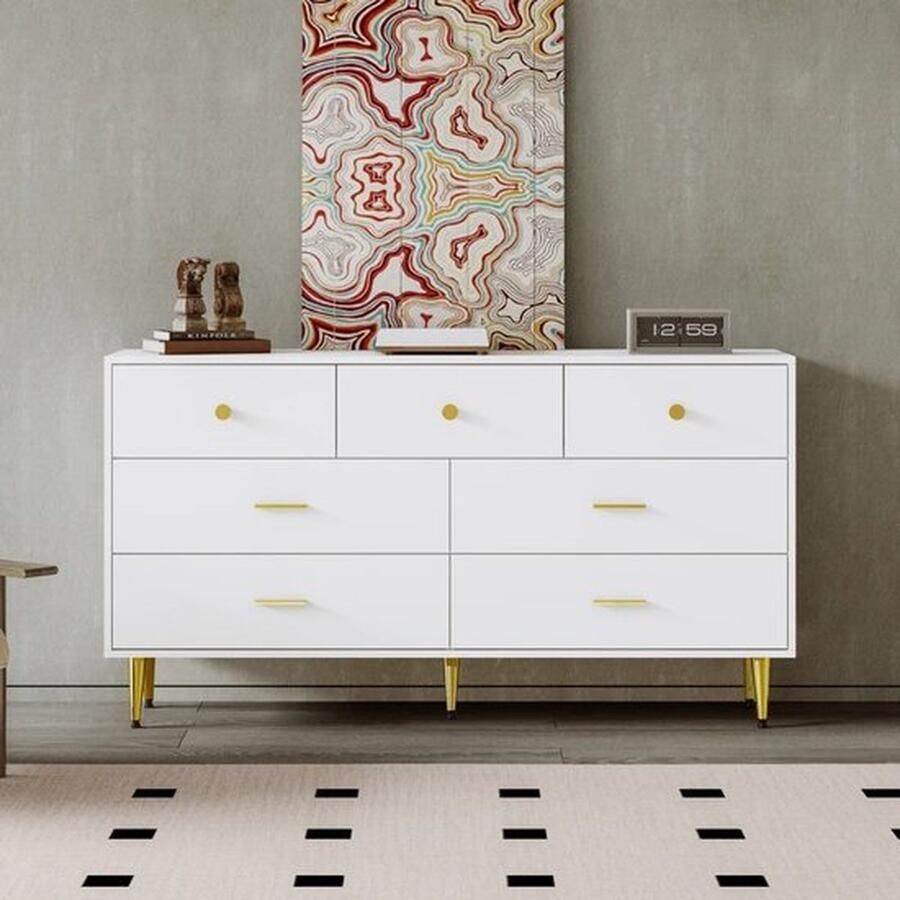 Mrs. Jones Dressoir Gouden Details 7 Laden Ruim & Elegant Modern Landelijk Stevige Metalen Poten 140x35x76 cm