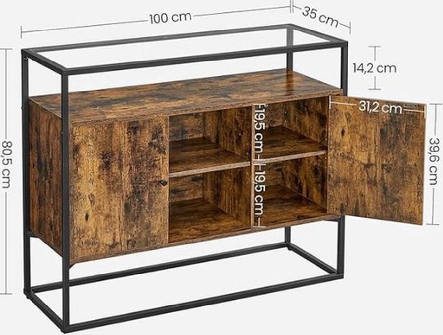 Mrs. Jones Dressoir Zijkast Keukenkast met glazen oppervlak en open vakken Woonkamer- Hal Stabiel stalen frame Gehard glas- Industrieel ontwerp Vintage bruin-zwart