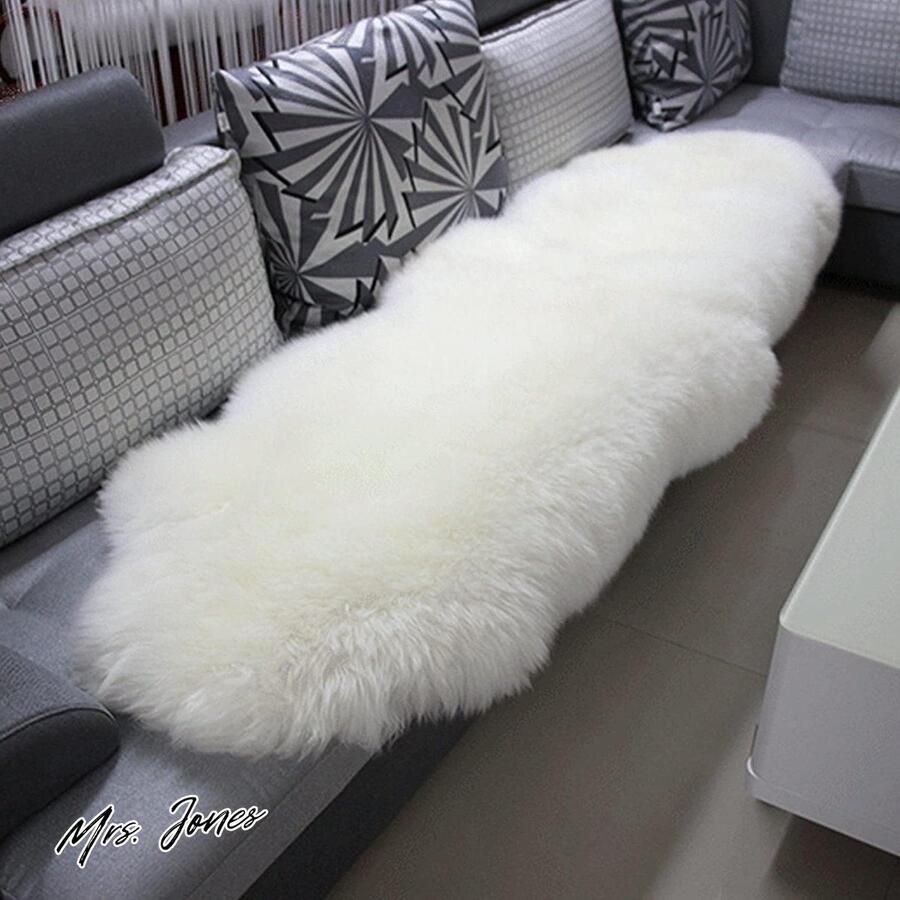 Mrs. Jones Eco lamsvacht schapenvacht zacht wollig bedmat bankmat langhaar wollen tapijt voor woonkamer-slaapkamer wit 180-210 x 60 cm