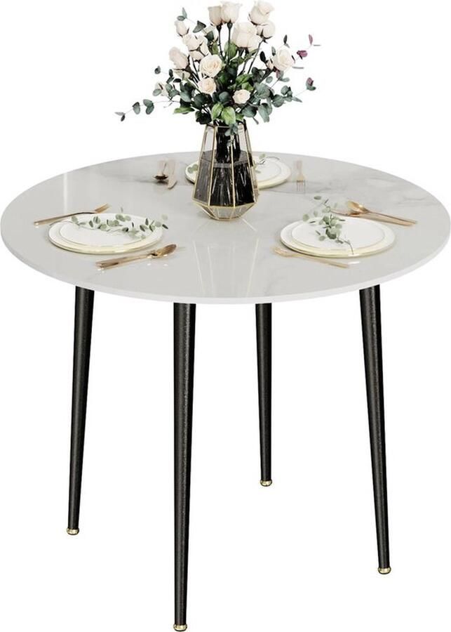Mrs. Jones Eettafel Marmerlook Wit met zwarte poten Rond blad 80cm