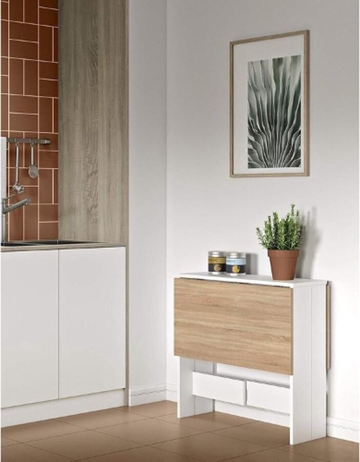 Mrs. Jones Eettafel Vouwtafel Uitschuifbare eettafel Opvouwbare eettafel 103x76x73.4cm Klaptafel Wit Natuurlijke eik