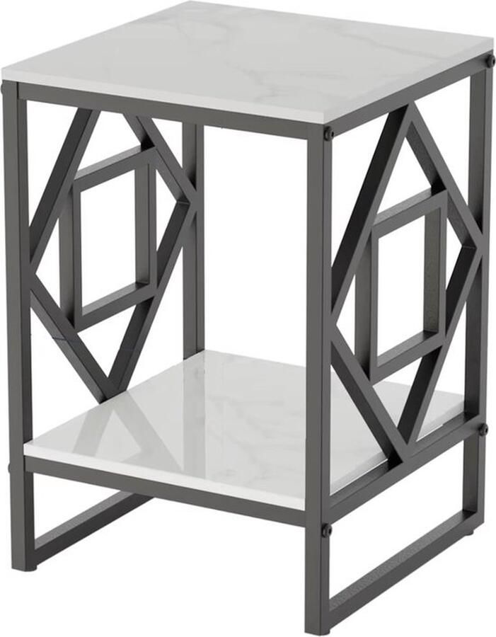 Mrs. Jones Eindtafel Vierkant Koffietafel Tafel naast de bank Nachtkastje Marmerlook Gesinterd steen Wit Zwart frame