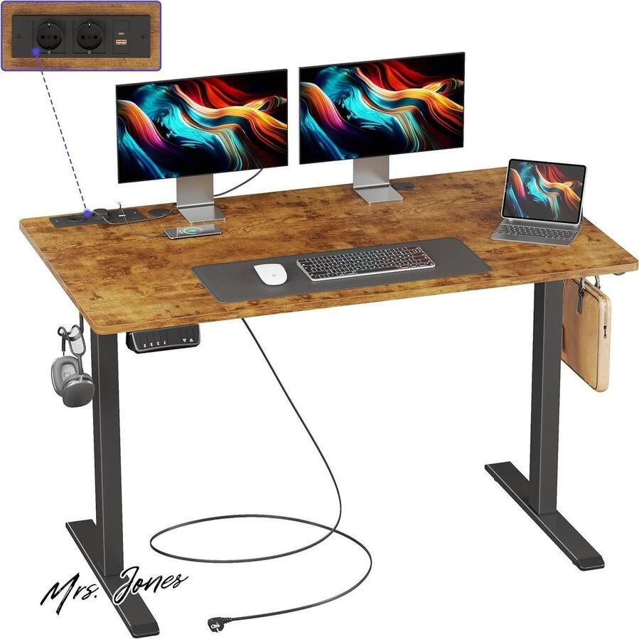 Mrs. Jones Elektrisch Staand Bureau Hoogte Verstelbaar USB Type-C Voedingsocket 120cm 60cm Thuiskantoor Antieke Houten Kleur