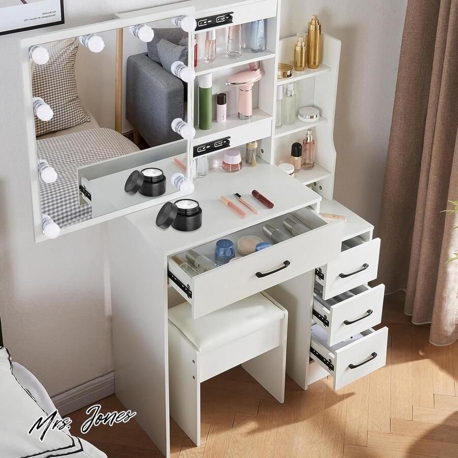 Mrs. Jones Ereousa Kaptafel met Schuifspiegel en Verlichting Kaptafel voor Slaapkamer Make-uptafel met Laden en Planken Verborgen Opbergruimte H03-090015(wit 36 x 83 x 139cm)