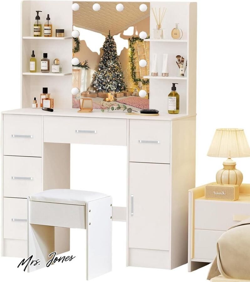 Mrs. Jones Ereousa Make-uptafel met Spiegel Kaptafel voor Slaapkamer Planken en Laden H82-090015 (wit 40 x 100 x 140cm)