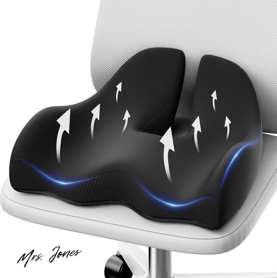 Mrs. Jones Ergonomisch Groot Gelzitkussen van Gel en Traagschuim voor Bureaustoel Stuitbeen-billenkussen voor Gamingstoel en Autostoel Zwart