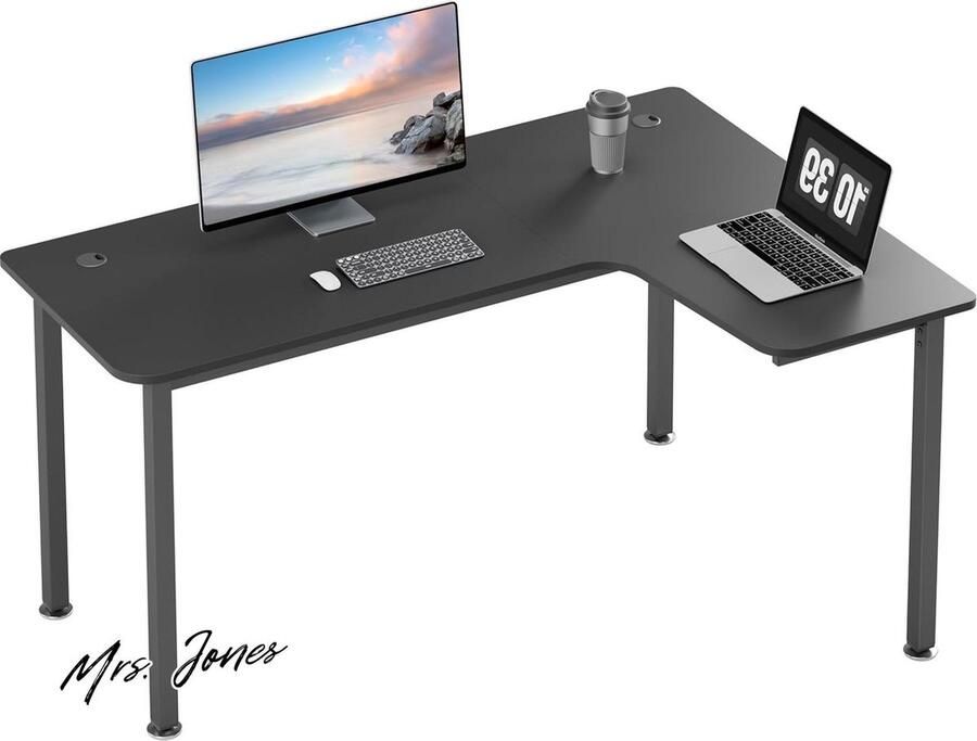 Mrs. Jones Ergonomisch L-vormig gaming-bureau 155 x 110 cm hoekbureau Grote pc-gaming-tafel met kabelbeheersysteem Muismat voor thuiskantoor Zwart links