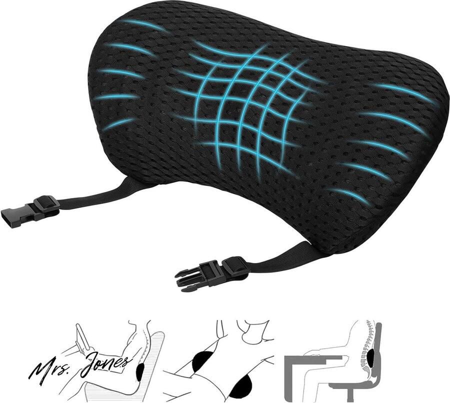 Mrs. Jones Ergonomisch Lendenkussen Lendensteunkussen met Verstelbare Riem Traagschuim Lendenkussen voor Bureaustoel en Autostoel Zwart