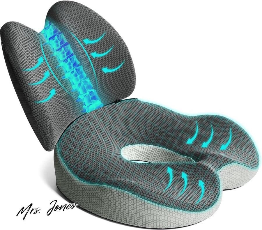 Mrs. Jones 2-in-1 ergonomisch traagschuim zitkussen en lendensteunkussen voor rugpijn en ischias stuitbeen aambeien voor bureaustoel auto en rolstoel