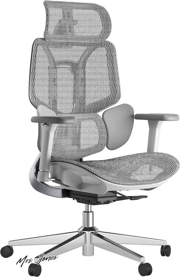 Mrs. Jones Ergonomische bureaustoel 3-zones dynamische lendensteun 3D hoofdsteun armleuningen grijs (zonder voetensteun)