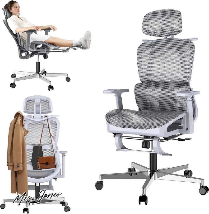 Mrs. Jones Ergonomische bureaustoel 4D-armleuningen verstelbare hoofdsteun comfortabele lendensteun computerstoel schommelfunctie draaistoel met voetensteun
